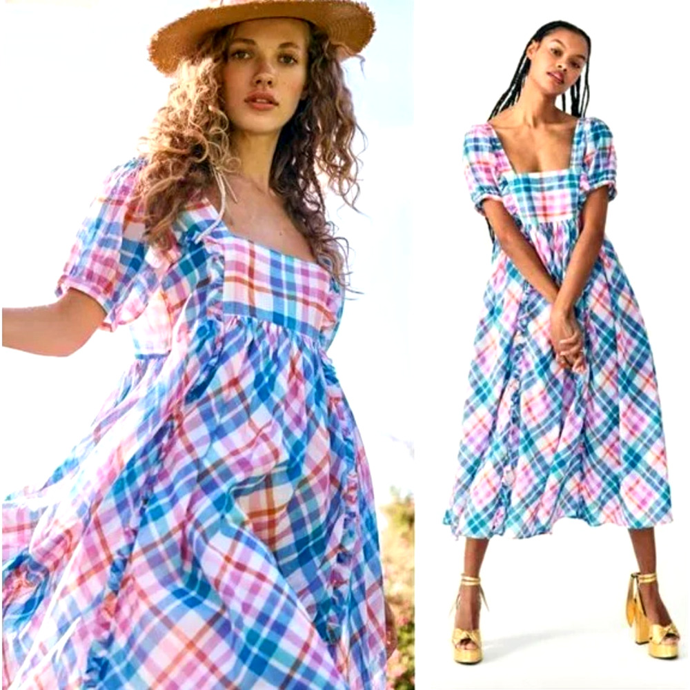 Anthropologie S LoveShackFancy Babydoll $395 Kimball Plaid Milkmaid Midi Dress